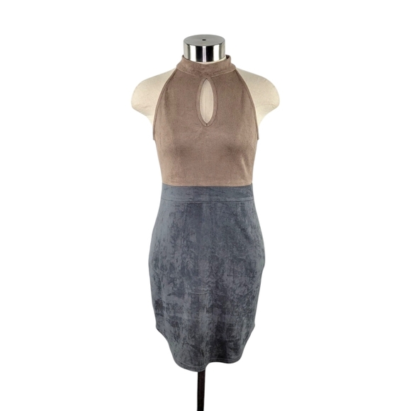 NUDE Sleeveless Microfiber Colorblock Bodycon Midi Dress Junior's L Tan & Gray - Picture 1 of 7